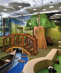 In this children’s museum, ceiling clouds control acoustics while adding visual impact and texture to the space. (Photo: pinta acoustic, inc.) facility management interiors ceilings acoustics museum
