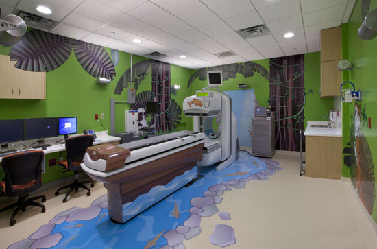 The MRI machine room is designed with a treehouse theme—one tool to help relax young patients. (Photo: ANF Group, Inc.)
